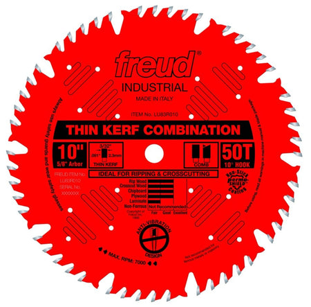 Front view of the red Freud LU83R010 10-inch saw blade featuring 50 teeth, laser-cut anti-vibration vents, and text specifying Thin Kerf Combination for Ripping and Crosscutting.