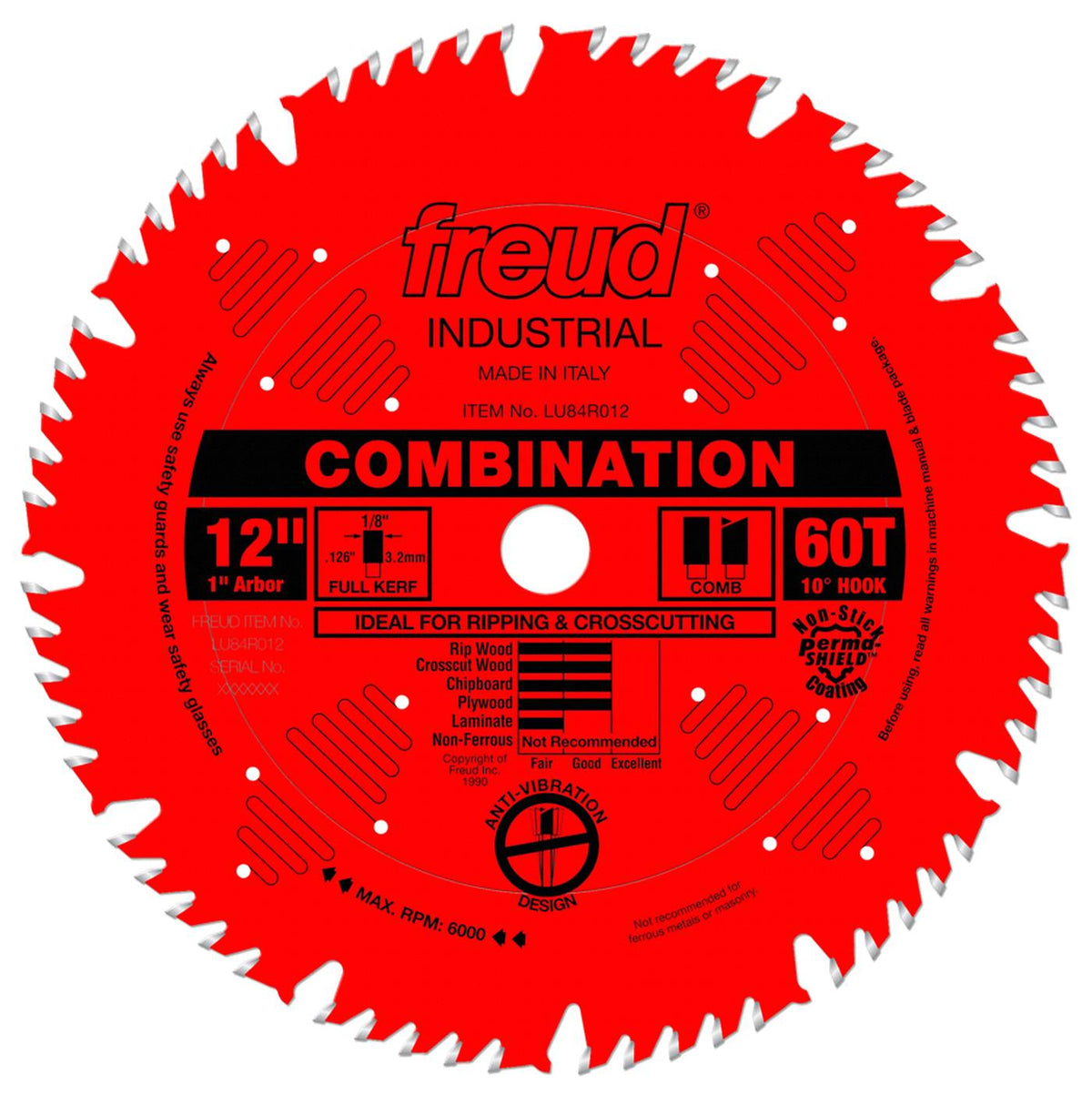 Front view of the Freud LU84R012 12-inch 60-tooth industrial combination saw blade featuring a red Perma-SHIELD non-stick coating, anti-vibration design slots, and 1-inch arbor.