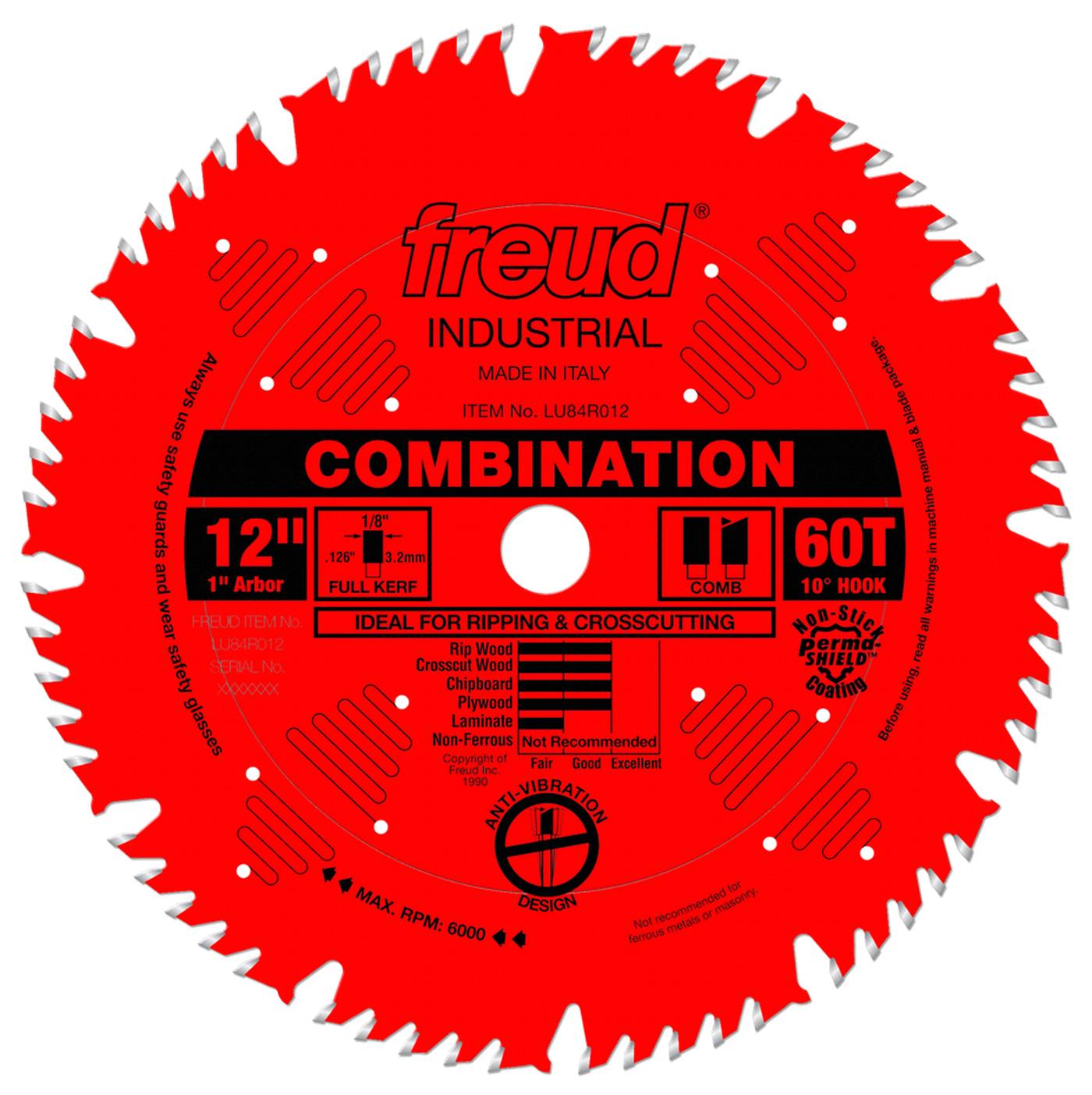 Front view of the Freud LU84R012 12-inch 60-tooth industrial combination saw blade featuring a red Perma-SHIELD non-stick coating, anti-vibration design slots, and 1-inch arbor.