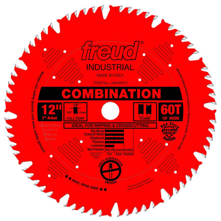 Front view of the Freud LU84R012 12-inch 60-tooth industrial combination saw blade featuring a red Perma-SHIELD non-stick coating, anti-vibration design slots, and 1-inch arbor.