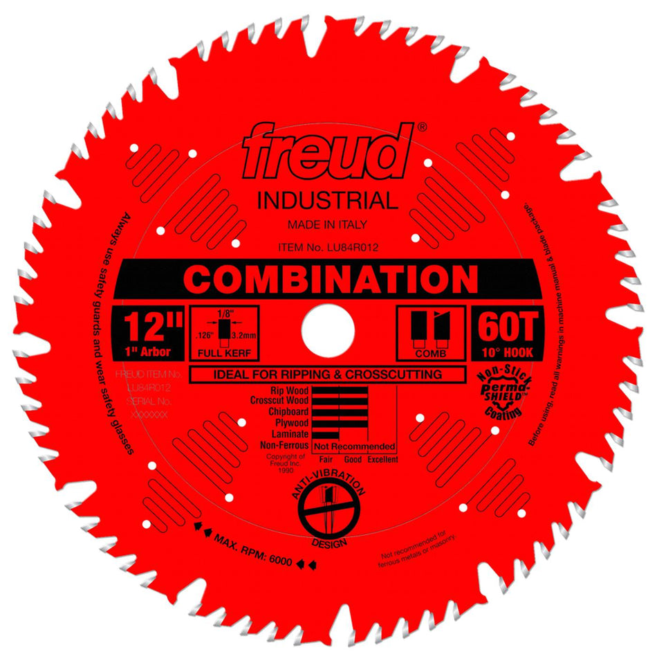 Front view of the Freud LU84R012 12-inch 60-tooth industrial combination saw blade featuring a red Perma-SHIELD non-stick coating, anti-vibration design slots, and 1-inch arbor.