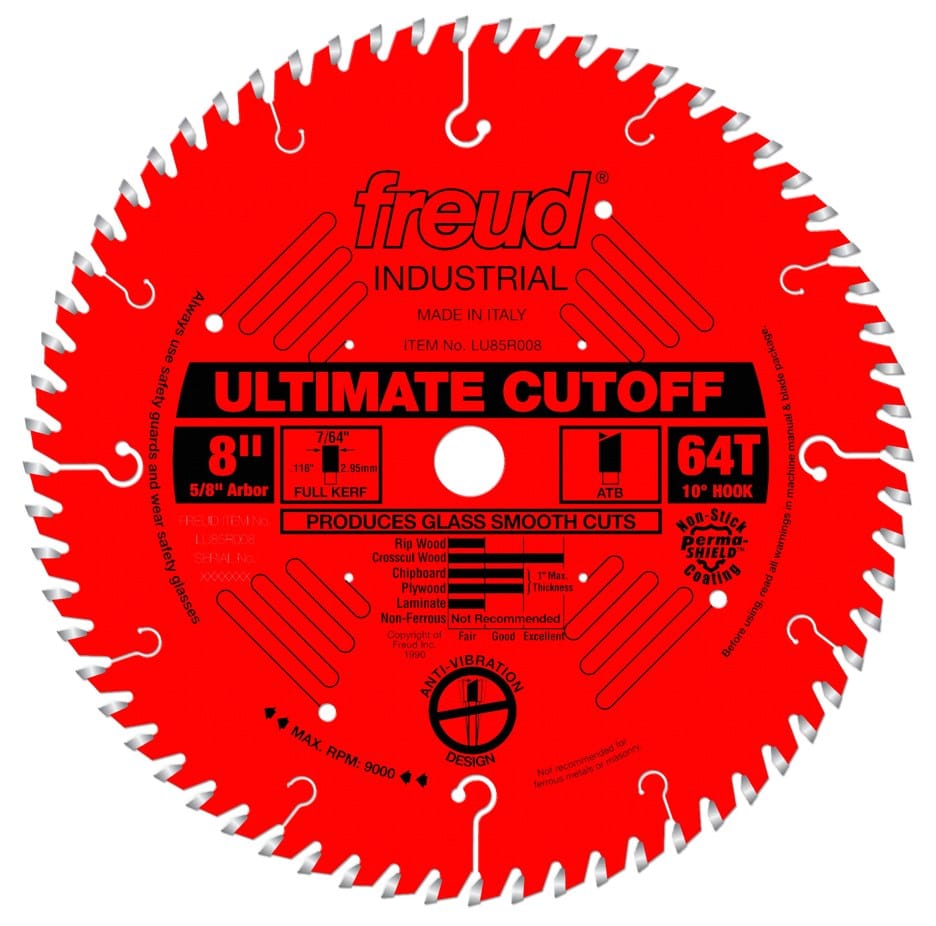 A studio product shot of the circular, red Freud LU85R008 8-inch ultimate cut-off saw blade, featuring 64 carbide-tipped teeth, laser-cut anti-vibration slots, and silver industrial cooling element coating.