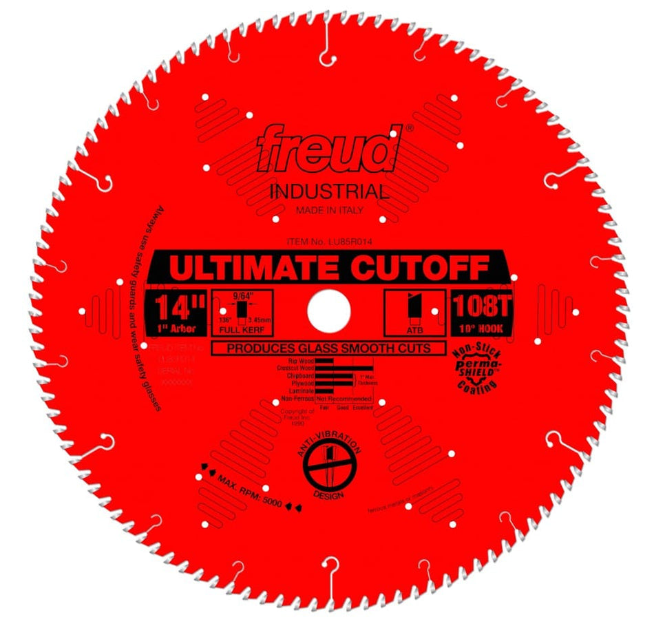 A studio product shot of the red Freud LU85R014 14-inch ultimate cut-off saw blade, featuring 108 teeth, anti-vibration slots, and a Perma-SHIELD non-stick coating.