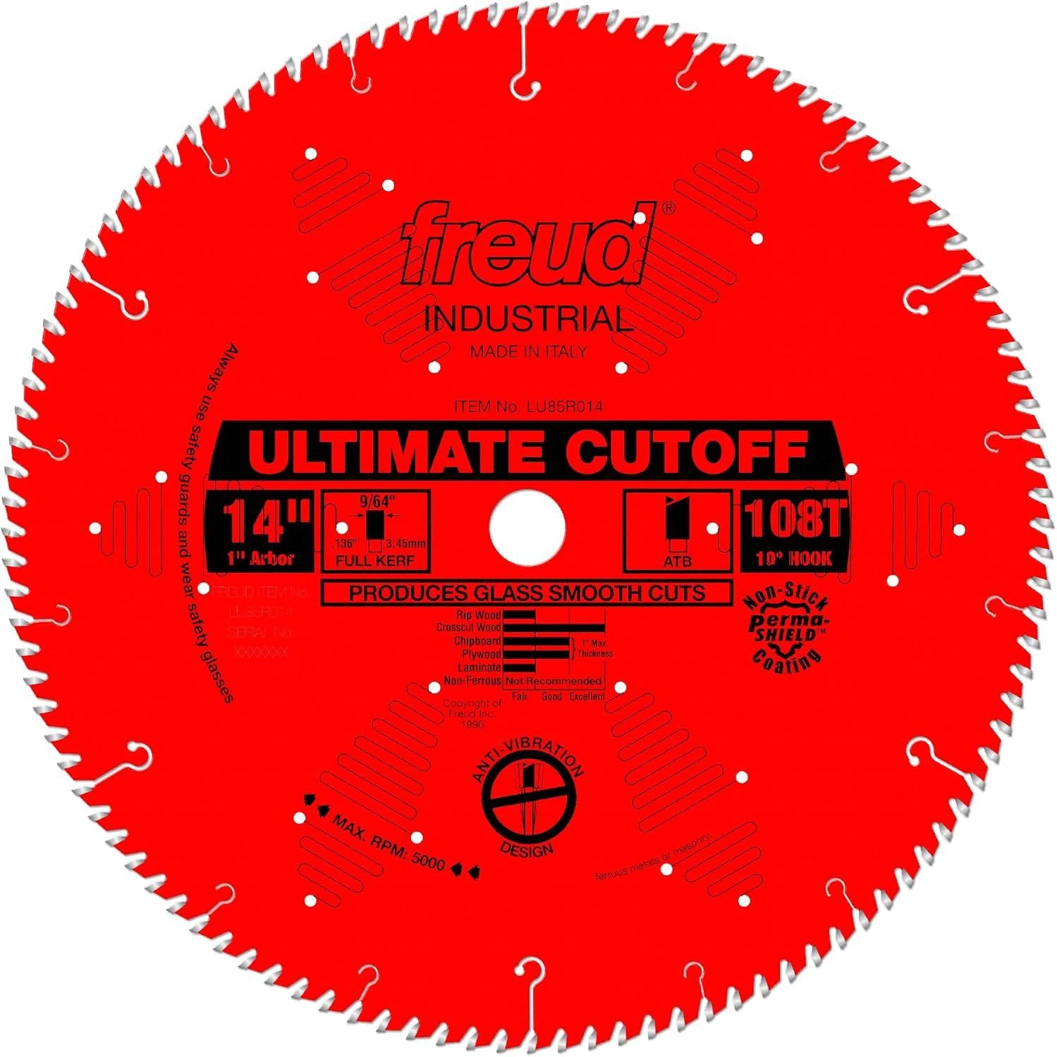 A studio product shot of the red Freud LU85R014 14-inch ultimate cut-off saw blade, featuring 108 teeth, anti-vibration slots, and a Perma-SHIELD non-stick coating.