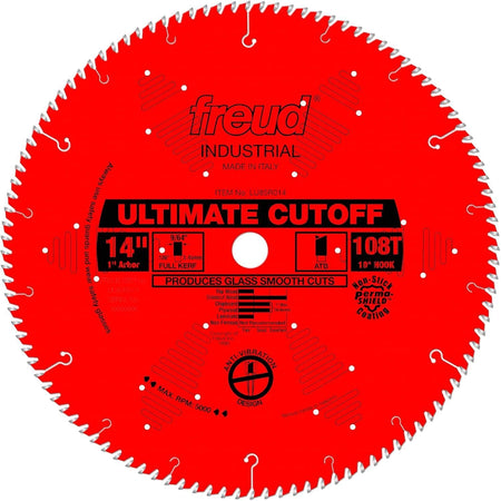 A studio product shot of the red Freud LU85R014 14-inch ultimate cut-off saw blade, featuring 108 teeth, anti-vibration slots, and a Perma-SHIELD non-stick coating.