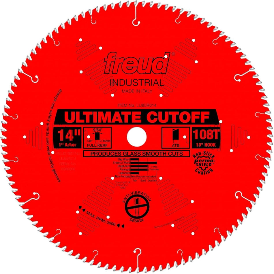 A studio product shot of the red Freud LU85R014 14-inch ultimate cut-off saw blade, featuring 108 teeth, anti-vibration slots, and a Perma-SHIELD non-stick coating.