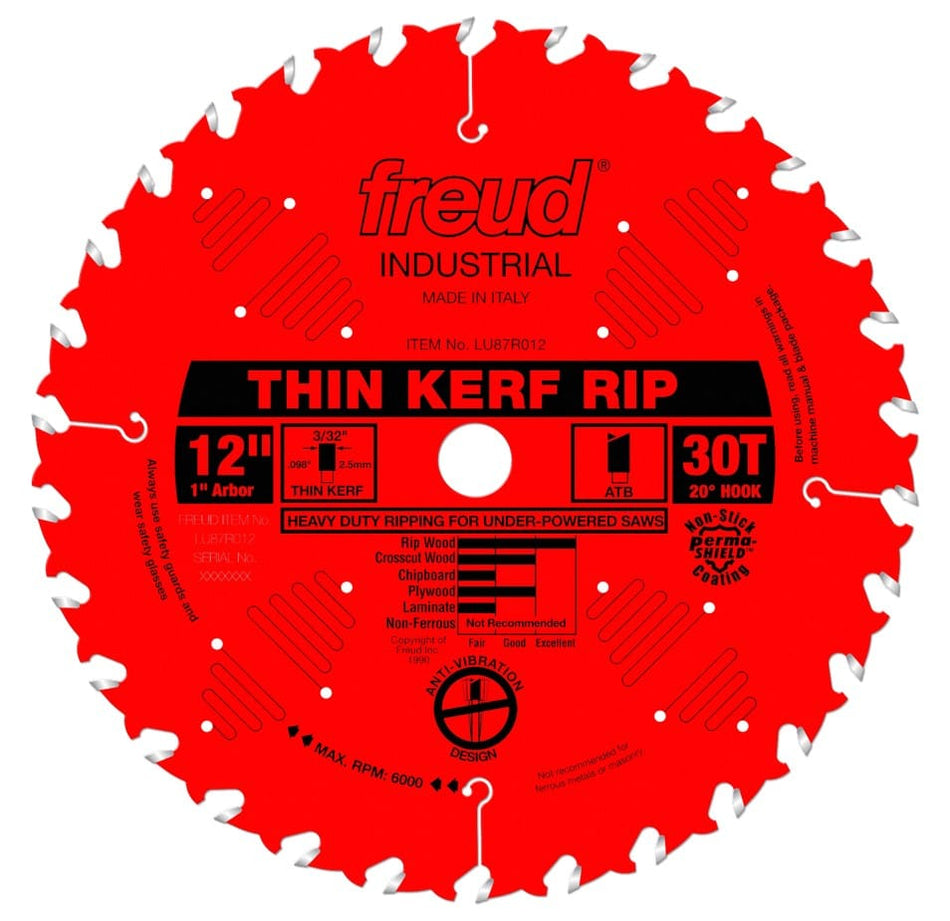 Front view of the red Freud LU87R012 12-inch saw blade featuring 30 teeth, laser-cut anti-vibration vents, and text specifying Thin Kerf Rip for Heavy Duty Ripping with Under-Powered Saws.