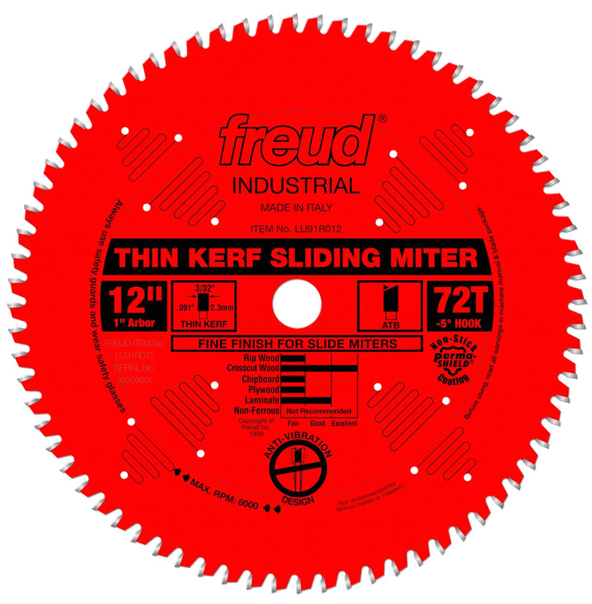Front view of the Freud LU91R012 12-inch 72-tooth industrial thin kerf sliding miter saw blade featuring a red Perma-SHIELD non-stick coating, anti-vibration slots, and 1-inch arbor.