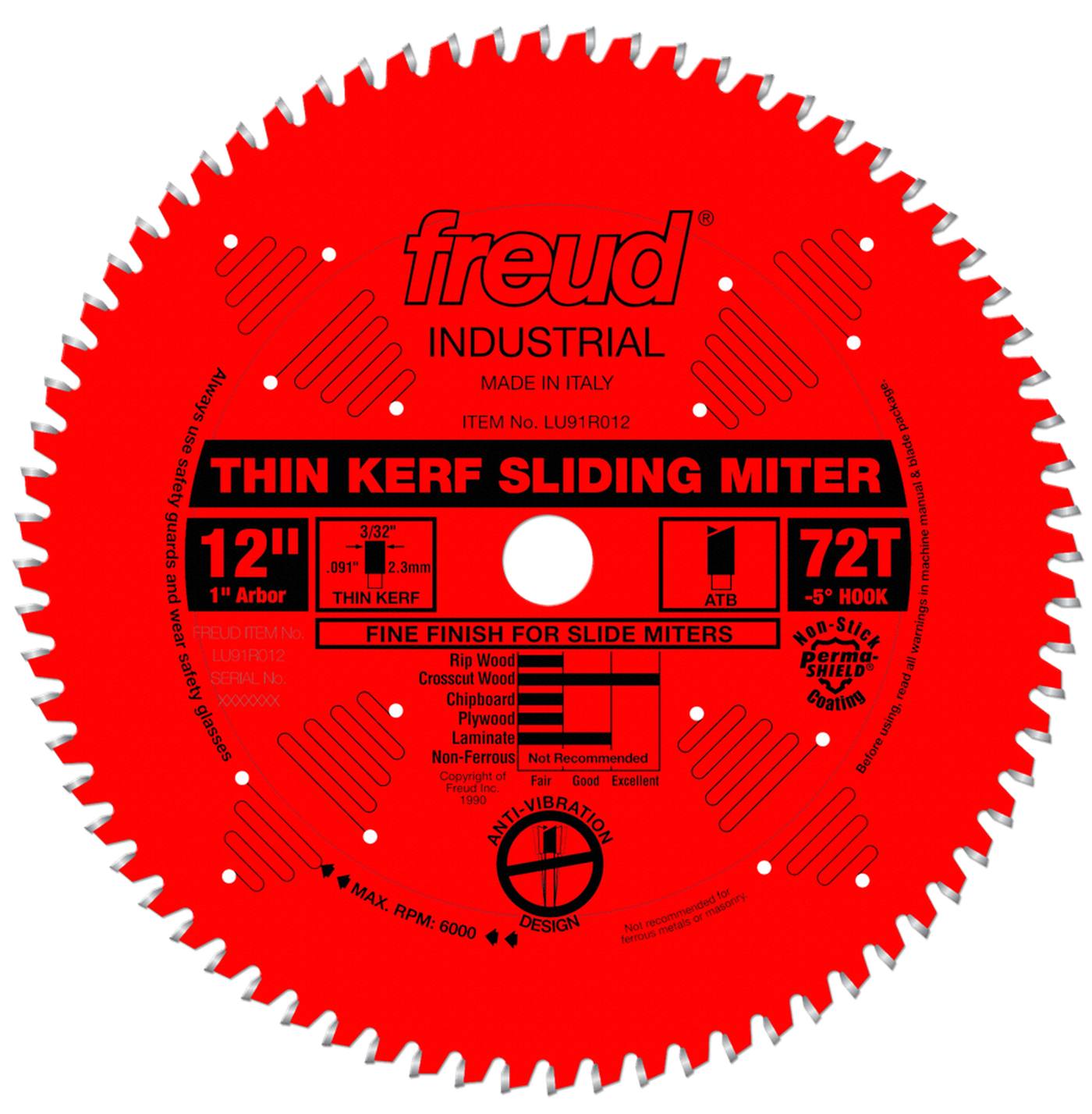 Front view of the Freud LU91R012 12-inch 72-tooth industrial thin kerf sliding miter saw blade featuring a red Perma-SHIELD non-stick coating, anti-vibration slots, and 1-inch arbor.