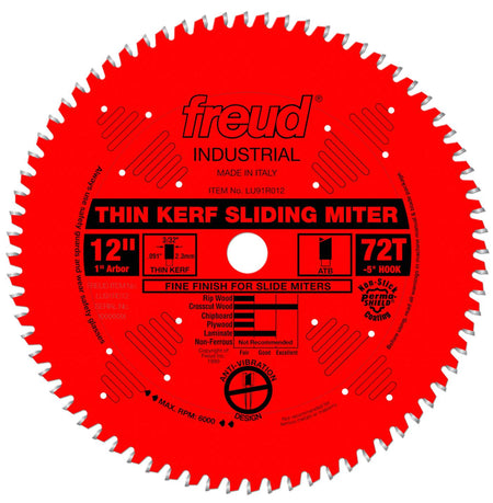 Front view of the Freud LU91R012 12-inch 72-tooth industrial thin kerf sliding miter saw blade featuring a red Perma-SHIELD non-stick coating, anti-vibration slots, and 1-inch arbor.