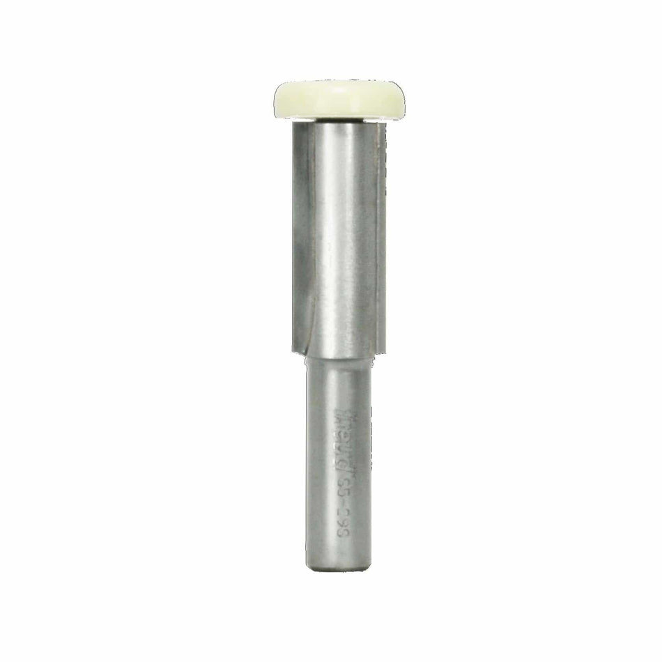 A detailed view of the Freud 85-298 overhang trim router bit, featuring the silver $1/2$ inch shank and the white non-marring guide bearing at the top.