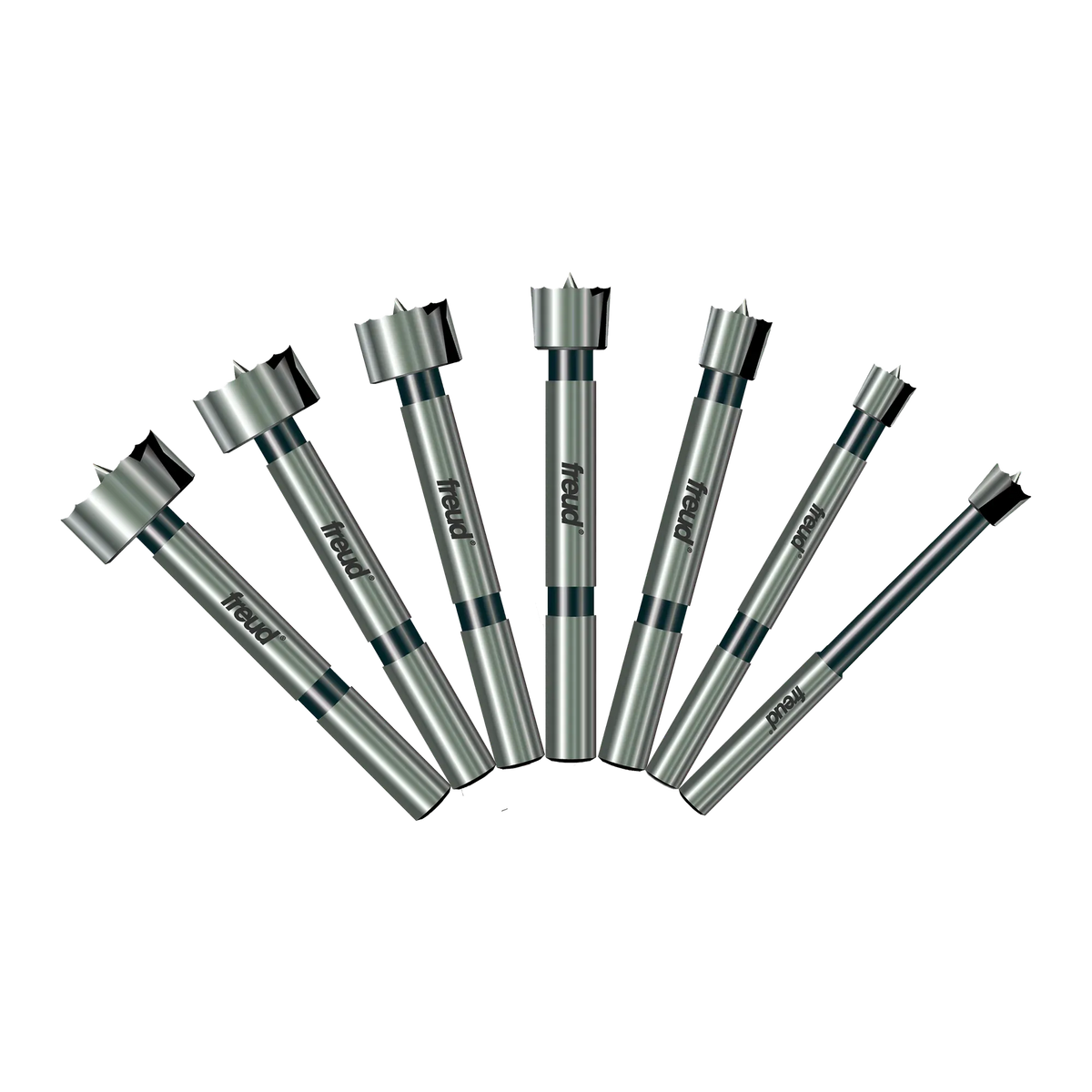 A professional product illustration of the seven carbide Forstner bits included in the Freud PB-107B set, displayed in a fan arrangement to show the progression of sizes from 1/4 inch to 1 inch.