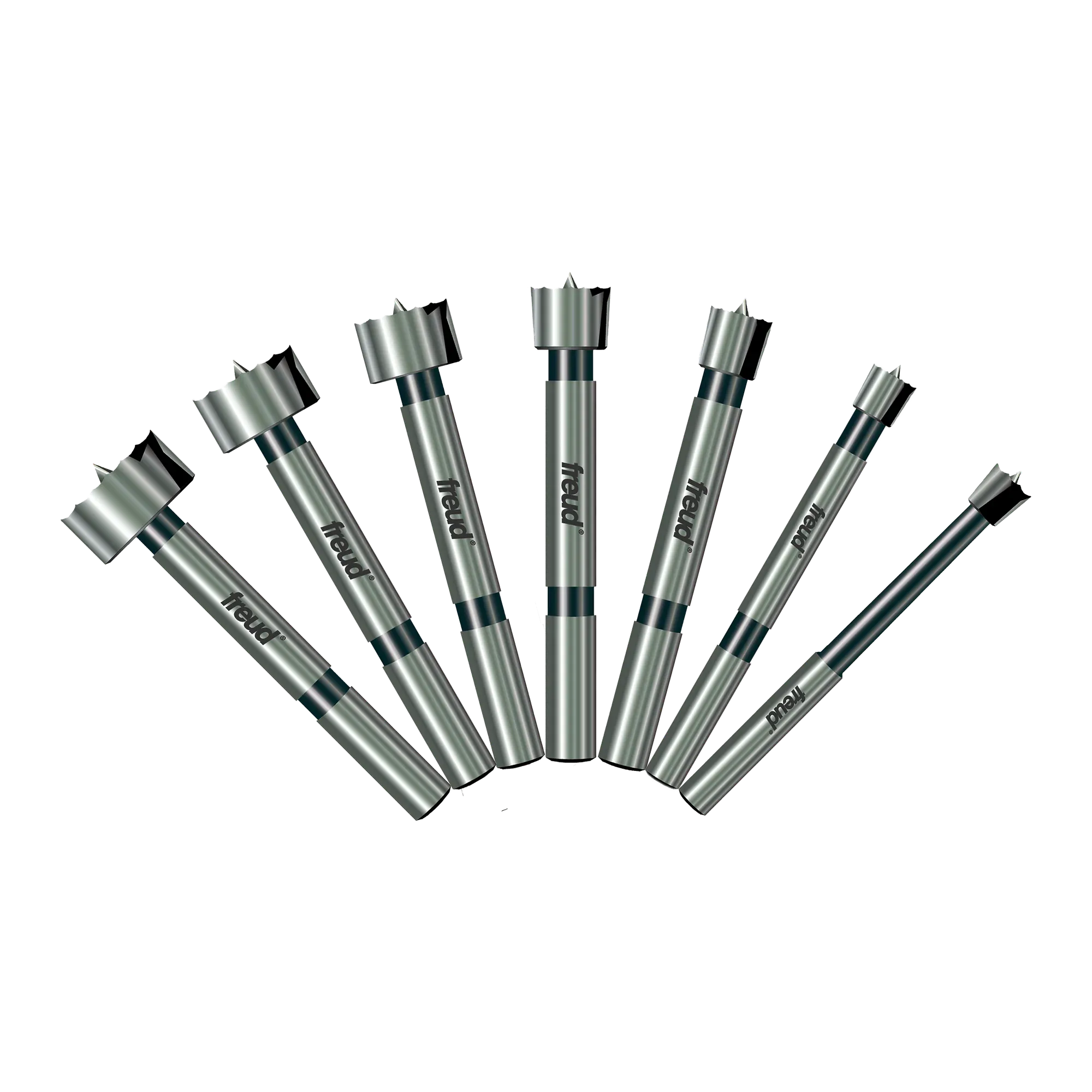 A professional product illustration of the seven carbide Forstner bits included in the Freud PB-107B set, displayed in a fan arrangement to show the progression of sizes from 1/4 inch to 1 inch.