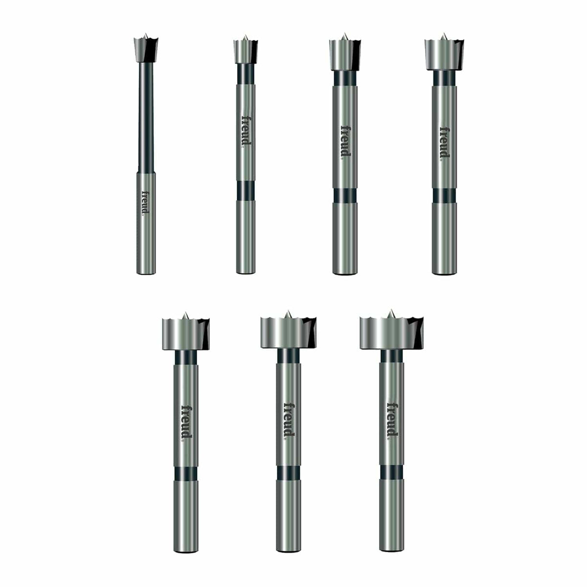 A studio shot of the Freud 7-piece precision shear Forstner bit set against a white background, highlighting the high-quality forged steel shanks and specialized serrated cutting edges.