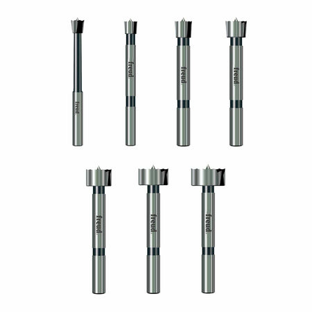 A studio shot of the Freud 7-piece precision shear Forstner bit set against a white background, highlighting the high-quality forged steel shanks and specialized serrated cutting edges.