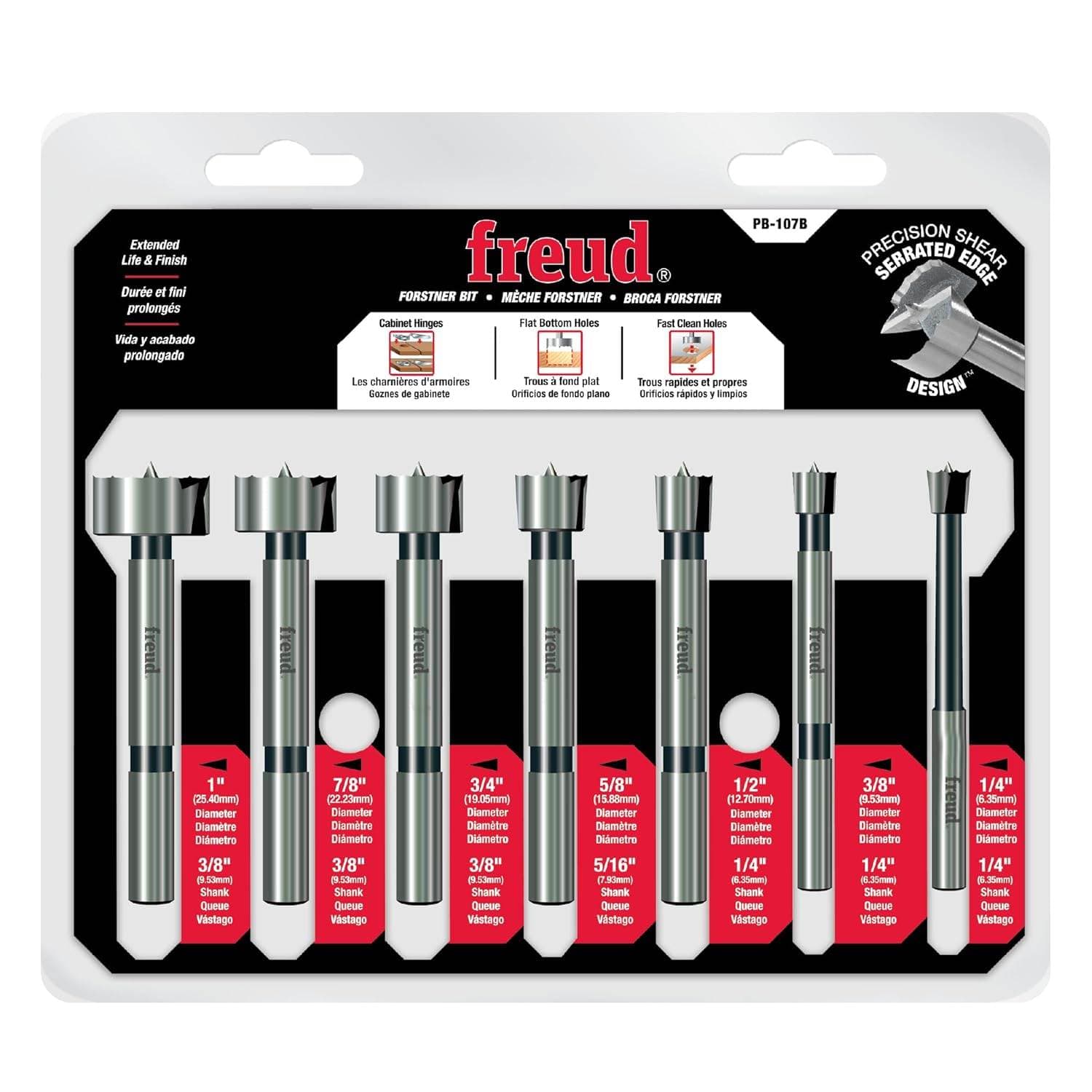 Retail hang-card packaging for the Freud PB-107B Forstner bit set, displaying all seven bits with callouts for cabinet hinges, flat-bottom holes, and fast clean holes for woodworking.