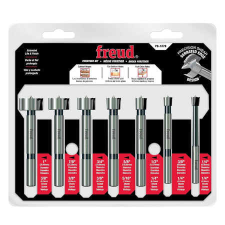 Retail hang-card packaging for the Freud PB-107B Forstner bit set, displaying all seven bits with callouts for cabinet hinges, flat-bottom holes, and fast clean holes for woodworking.