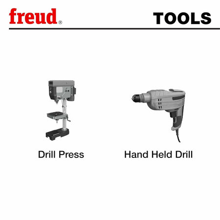 A technical graphic illustrating that the Freud PB-107B bit set is engineered for professional use with both a stationary drill press and a handheld power drill.