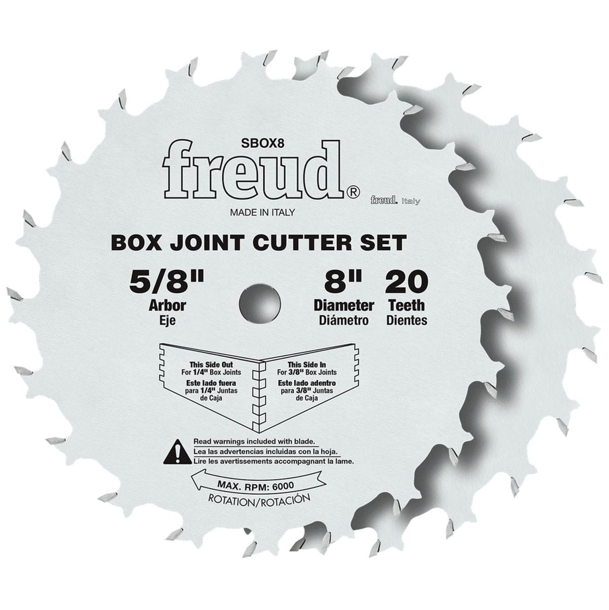 Freud SBOX8 8-inch box joint cutter set showing the two stacked carbide blades with markings for 1/4 inch and 3/8 inch groove adjustments and a 5/8 inch arbor.