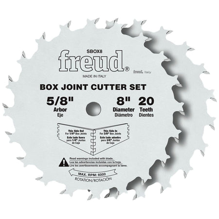 Freud SBOX8 8-inch box joint cutter set showing the two stacked carbide blades with markings for 1/4 inch and 3/8 inch groove adjustments and a 5/8 inch arbor.