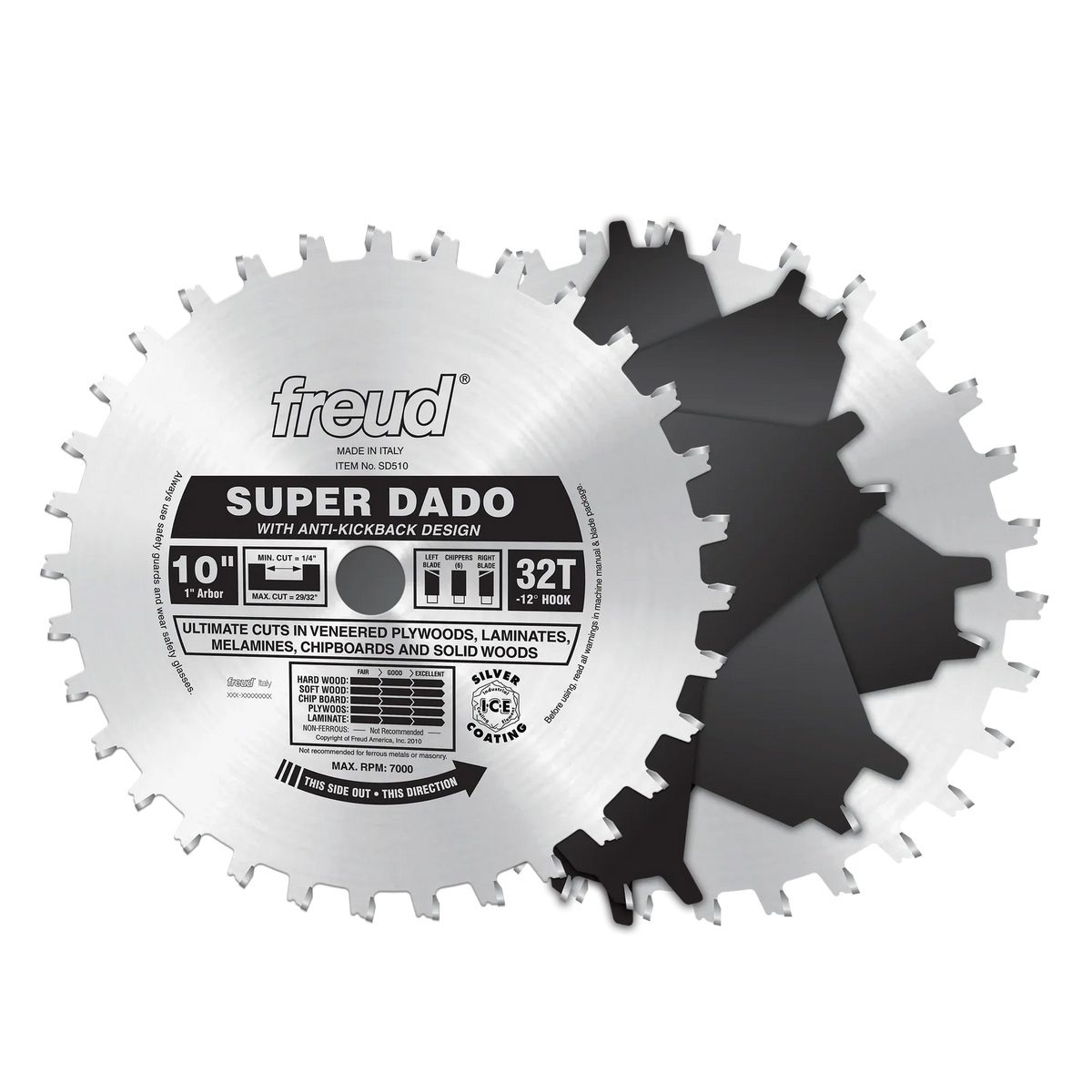 Freud  SD510 10" Super Dado Sets BLADES. This is a circular dado saw blade set, with the front blade being silver and featuring the "freud" logo at the top and "SUPER DADO" in bold text. Behind it is a black dado chipper blade, and the front blade also indicates a "10"" diameter and "32T" for 32 teeth, designed for ultimate cuts in various wood materials.