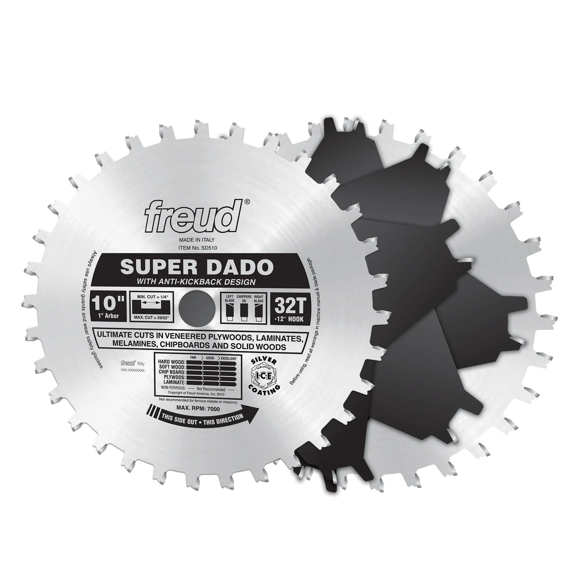 Freud  SD510 10" Super Dado Sets BLADES. This is a circular dado saw blade set, with the front blade being silver and featuring the "freud" logo at the top and "SUPER DADO" in bold text. Behind it is a black dado chipper blade, and the front blade also indicates a "10"" diameter and "32T" for 32 teeth, designed for ultimate cuts in various wood materials.