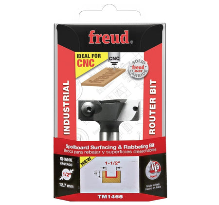 Freud TM1465 1-1/2 inch spoilboard surfacing and rabbeting bit shown in its protective plastic retail packaging.