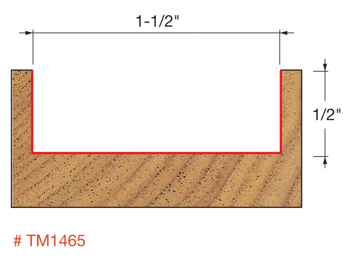 Diagram of the Freud TM1465 spoilboard surfacing bit, illustrating its 1-1/2 inch cutting diameter, 1/2 inch cutting height, and precise material removal for flattening and rabbeting on CNC.