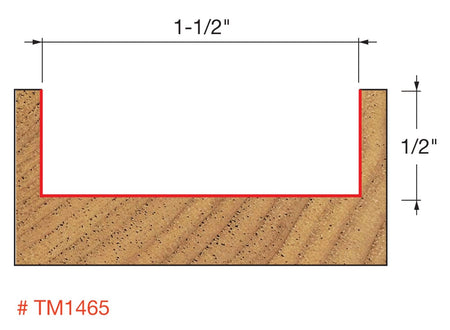 Diagram of the Freud TM1465 spoilboard surfacing bit, illustrating its 1-1/2 inch cutting diameter, 1/2 inch cutting height, and precise material removal for flattening and rabbeting on CNC.