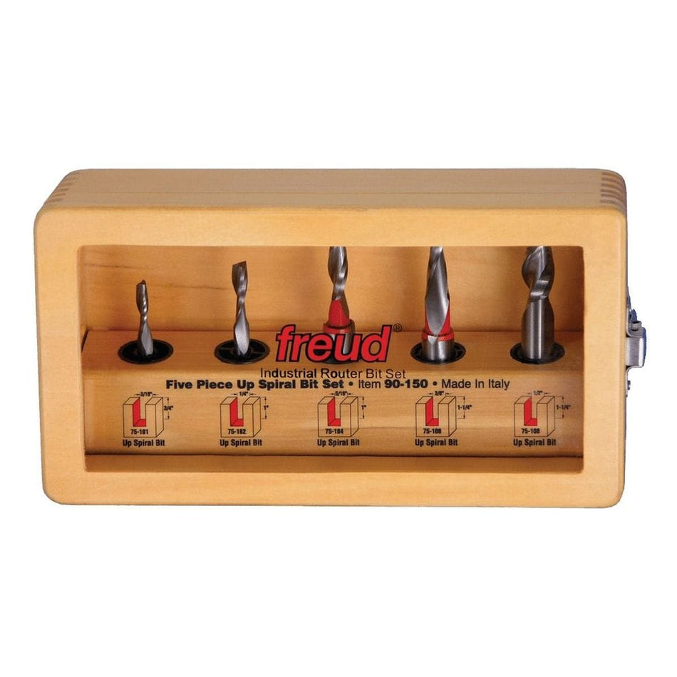 Freud 90-150 five-piece up spiral router bit set housed in a wooden wall-mountable storage case for organized tool management.