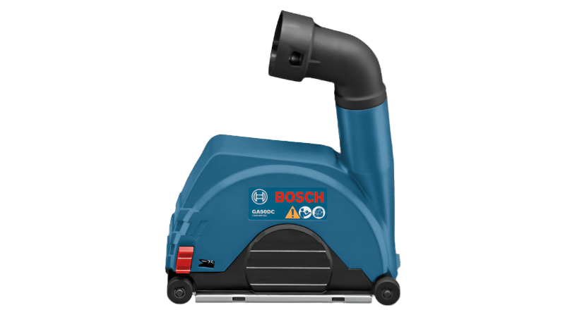  A shaped piece of sturdy blue plastic. It has an opening on one side where an angle grinder would fit. The bottom part is open, allowing you to work on a surface, and you might feel some small wheels along the bottom edge that help it glide. Coming out of the top is a curved, black tube with an opening – this is where a vacuum cleaner hose would attach to suck away the dust created while grinding. 