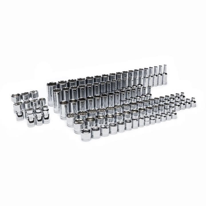  Rows of chrome sockets organized by size and type in a large tray. Includes shallow and deep sockets, arranged systematically for professional use in mechanical or automotive tasks.