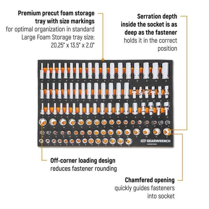  Close-up of a GEARWRENCH foam tray showing chrome sockets arranged in rows. Highlights include size markings, serration depth for secure fit, off-corner loading to reduce rounding, and chamfered openings for fastener guidance. Tray measures 20.25" x 13.5" x 2.0".