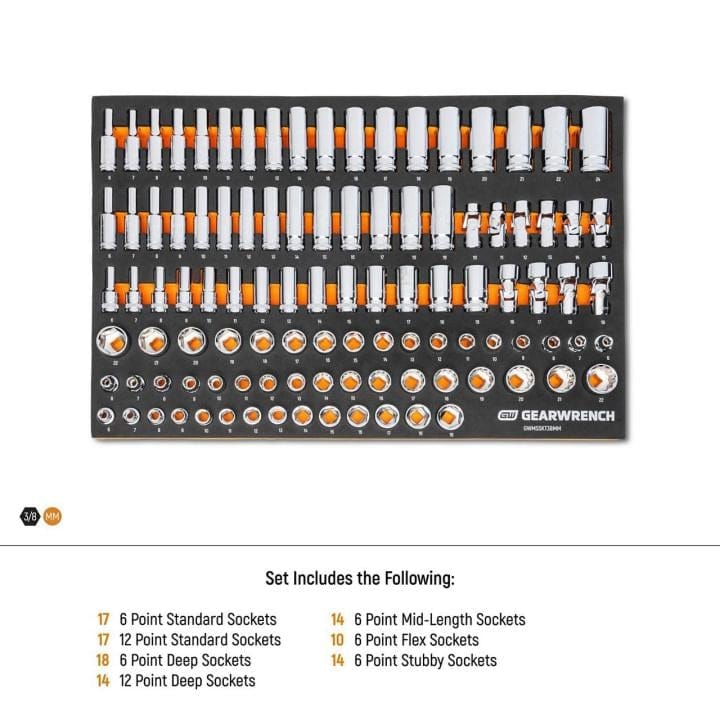 Rows of chrome socket wrenches organized by size and type in a large tray. Includes shallow and deep sockets, arranged systematically for professional use in mechanical or automotive tasks.