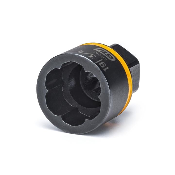 Bolt extractor socket with spiral internal grip and yellow ring, labeled "19/13 1/4"  designed for removing rounded or rusted bolts in repair work.
