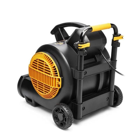 A portable GEARWRENCH air mover with black and yellow casing, yellow grille, top handle, and rear wheels. The power cord is visible, indicating the unit is electrically powered.