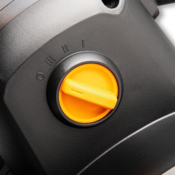 Close-up of a circular control dial on the GEARWRENCH air mover, showing settings labeled “O,” “I,” “II,” and “III” for off and three fan speed levels