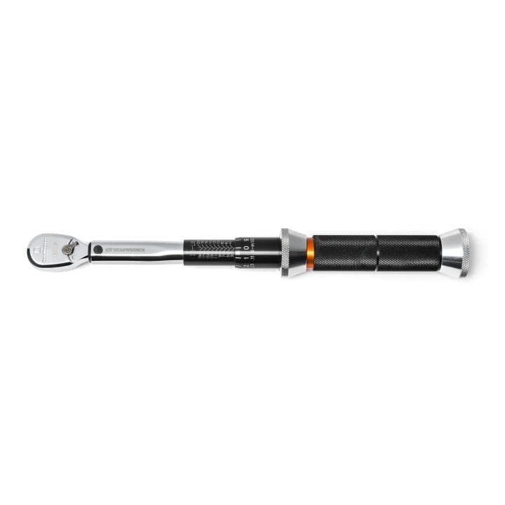 GEARWRENCH 120XP micrometer torque wrench with ratcheting head, knurled handle, and visible Newton-meter scale. Designed for precise torque application in mechanical and automotive tasks.