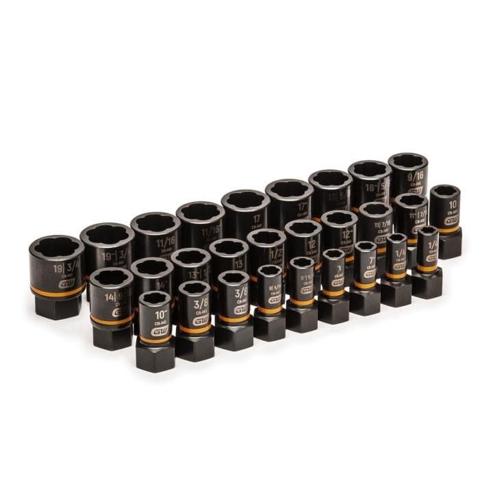 Set of black impact sockets arranged in two rows, labeled with SAE and metric sizes from 10mm to 19mm and 3/8" to 3/4", designed for use with impact wrenches.
