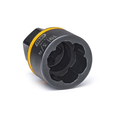 Specialized 19mm or 3/4" socket tool with black finish and yellow ring, showing internal multi-point design for gripping damaged fasteners in automotive applications.
