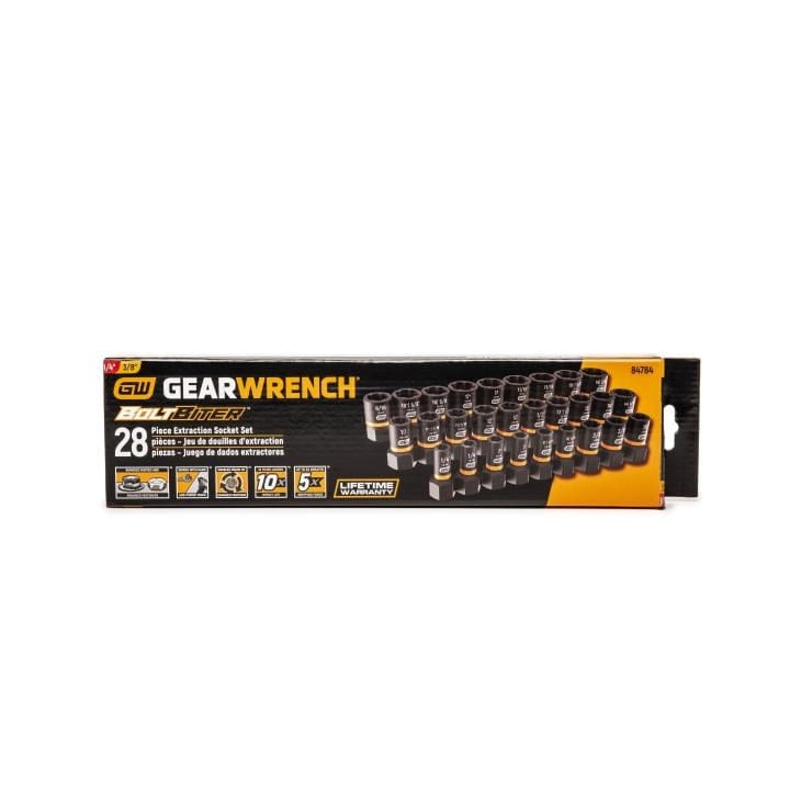 Boxed GEARWRENCH Bolt Biter 28-piece extraction socket set with labeled features including SAE and metric sizes, 10x life, 5x gripping power, and lifetime warranty.