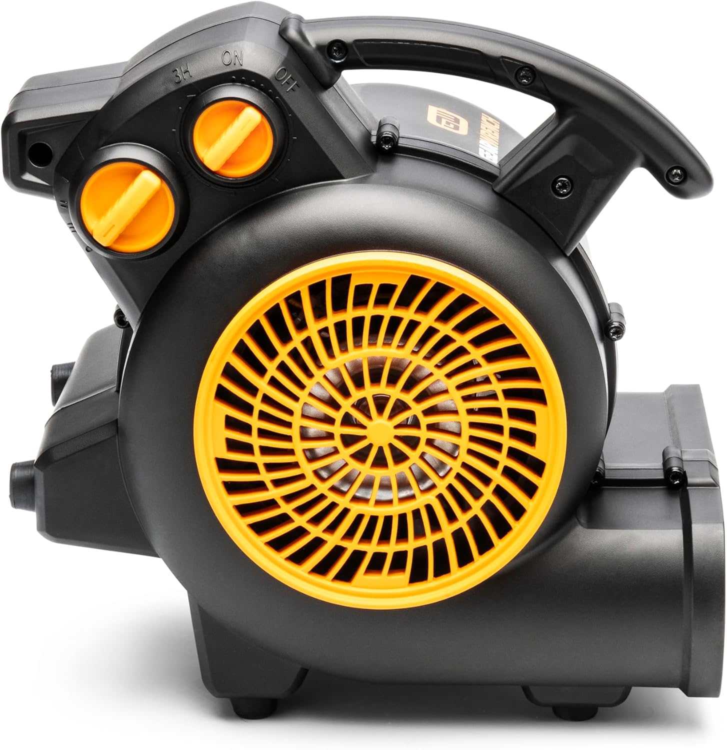 A compact black and yellow electric blower with labeled ON and OFF control knobs and a circular yellow vent. Designed for inflating or deflating large items with directional airflow control