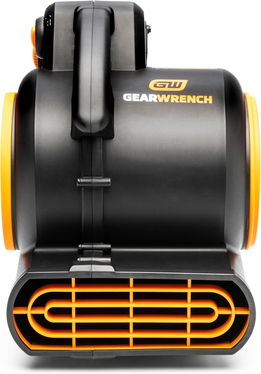 Side view of the GEARWRENCH GWAM800 air mover showing its black body, orange front grill, and top handle. Branding and logo are clearly displayed, highlighting portability and airflow direction