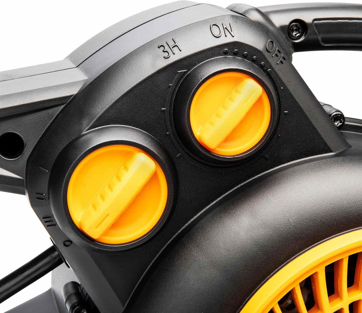 Close-up of the GEARWRENCH air mover’s control panel showing two yellow dials. One dial adjusts operational modes including OFF, ON, and 3-hour timer; the other controls fan speed or duration.