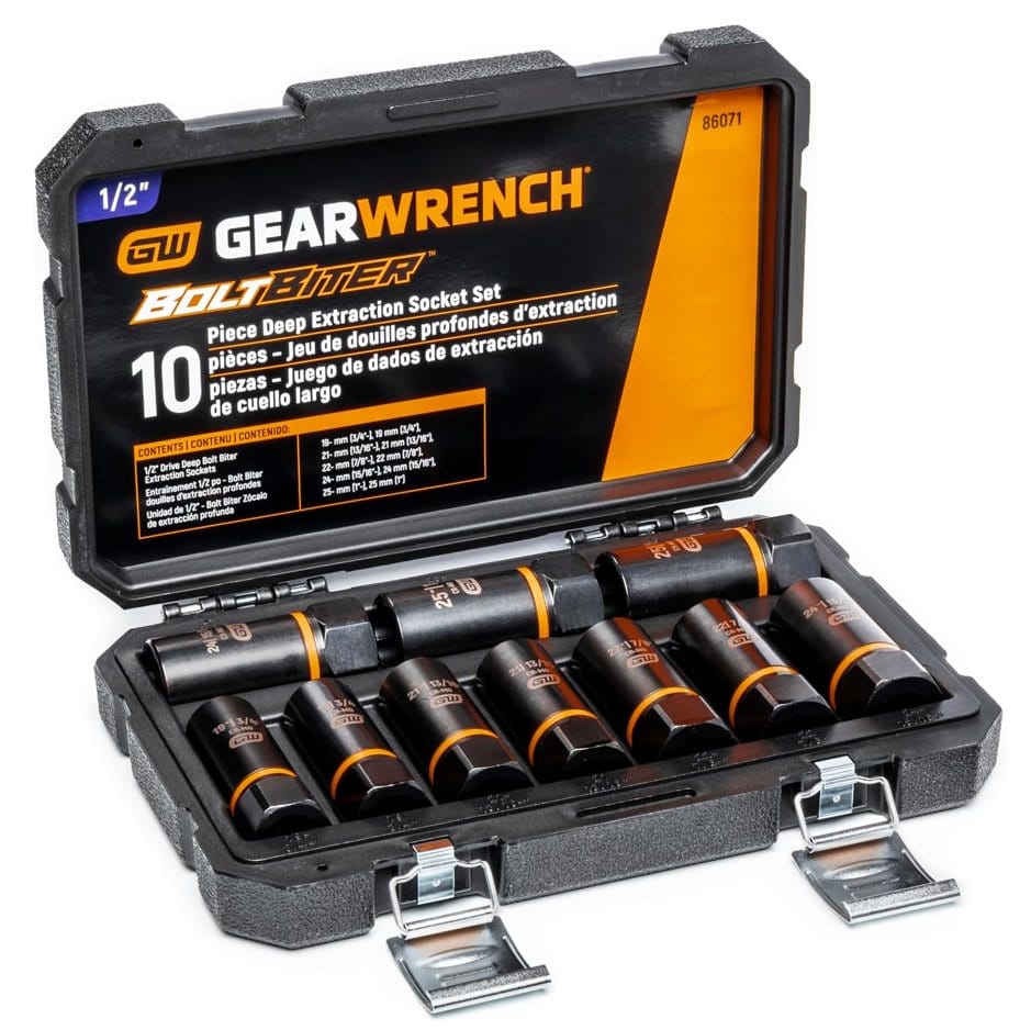 The GEARWRENCH 10-piece Bolt Biter Deep Extraction Socket Set open in its blow mold case, showing the black sockets and the product details printed inside the lid.