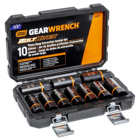 The GEARWRENCH 10-piece Bolt Biter Deep Extraction Socket Set open in its blow mold case, showing the black sockets and the product details printed inside the lid.