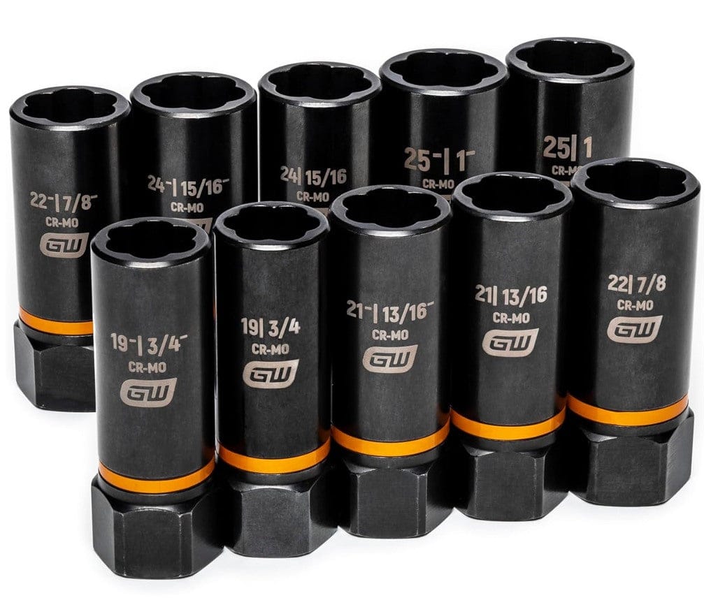 The full set of 10 black and orange GEARWRENCH Bolt Biter deep extraction sockets standing upright in two rows, showcasing their unique bi-directional heads and size markings.