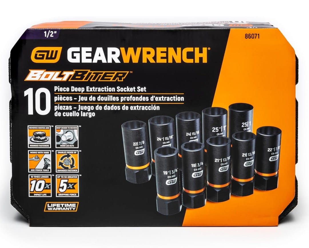The retail packaging for the GEARWRENCH 10-piece Bolt Biter Deep Extraction Socket Set, showing the sockets and graphical callouts for key features like 10x impact life and 5x gripping force.