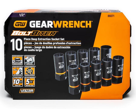 The retail packaging for the GEARWRENCH 10-piece Bolt Biter Deep Extraction Socket Set, showing the sockets and graphical callouts for key features like 10x impact life and 5x gripping force.