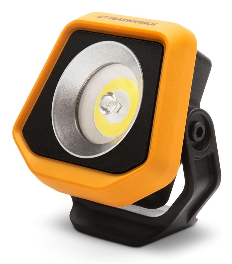 A three-quarter studio shot of the GEARWRENCH 1000 lumen shop light, model GWSL1000, showing its yellow and black body, COB LED, and pivoting base.